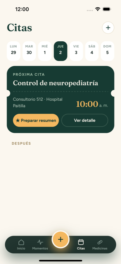 Próxima cita con la doctora, con el botón de preparar resumen